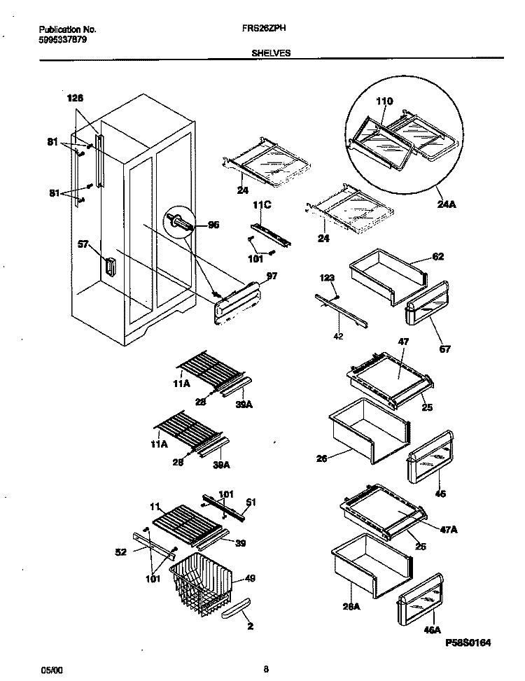 SHELVES Diagram and Parts List for FRS26ZPHD2  Frigidaire Refrigerator