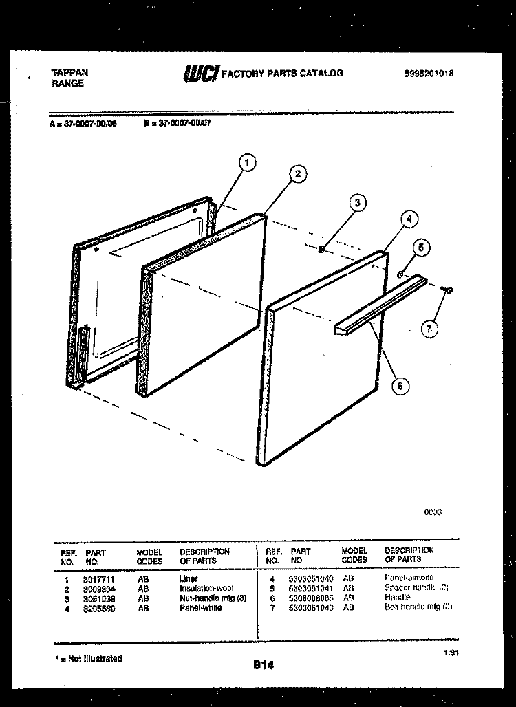 DOOR PARTS Diagram and Parts List for 37-0007-00-06  Tappan Range