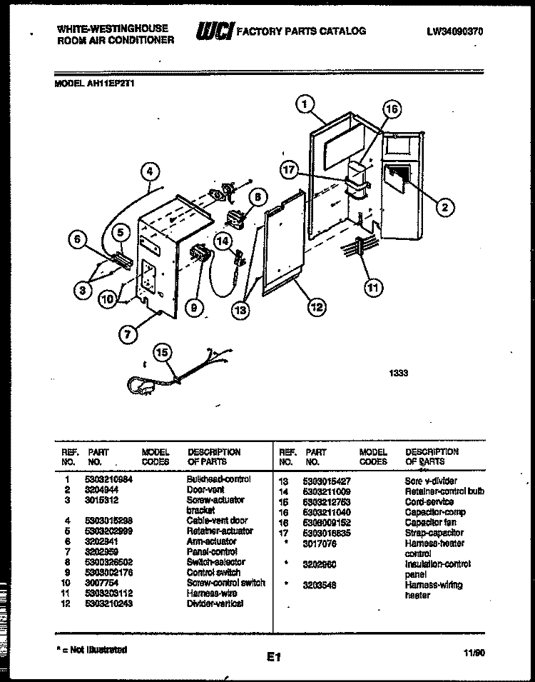 ELECTRICAL PARTS Diagram and Parts List for AH11EP2T1  Frigidaire Air Conditioner