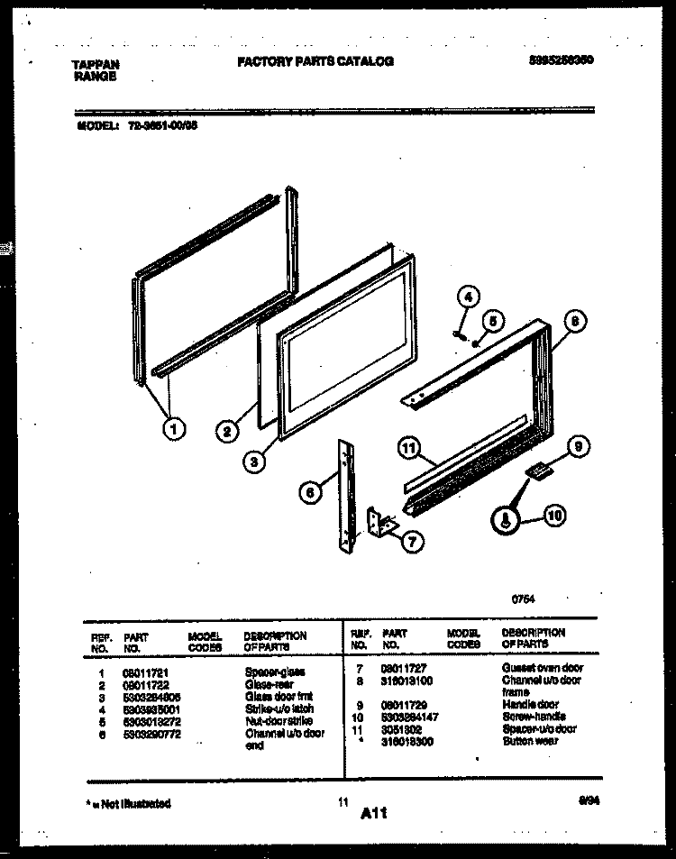 UPPER OVEN DOOR PARTS Diagram and Parts List for 72-3651-23-05  Tappan Range