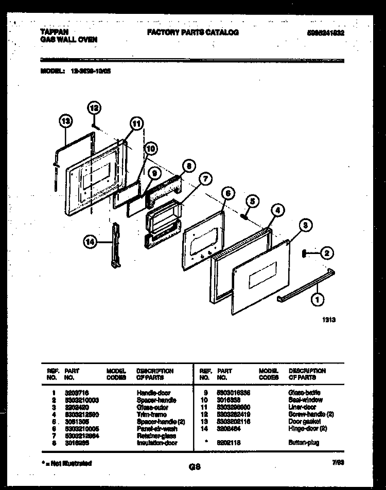DOOR PARTS Diagram and Parts List for 12-3699-00-05  Tappan Wall Oven