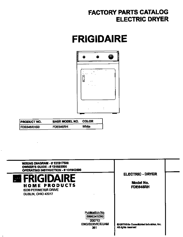 COVER Diagram and Parts List for FDE646RHS0  Frigidaire Dryer
