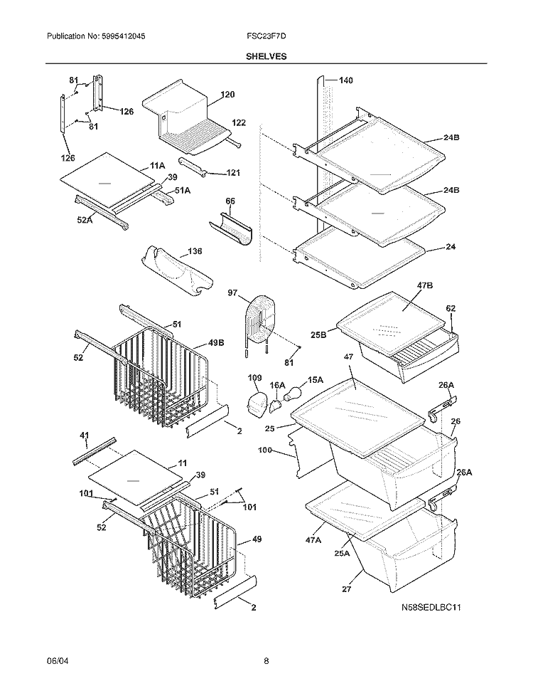 SHELVES Diagram and Parts List for FSC23F7DW0  Frigidaire Refrigerator