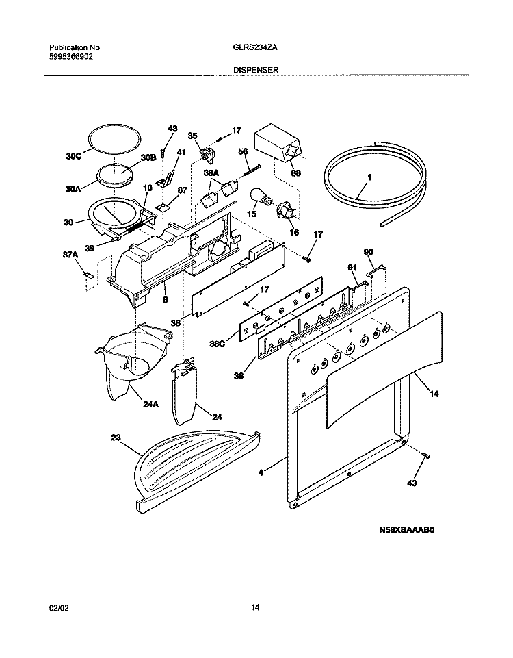 DISPENSER Diagram and Parts List for GLRS234ZAW3  Frigidaire Refrigerator