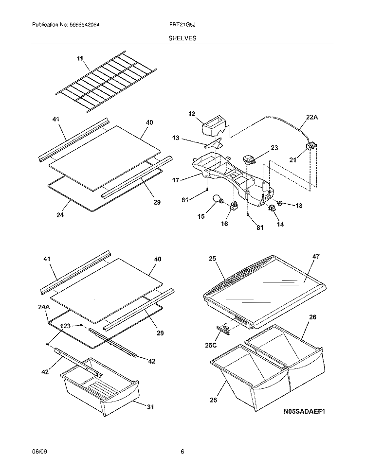 SHELVES Diagram and Parts List for FRT21G5JQ2  Frigidaire Refrigerator
