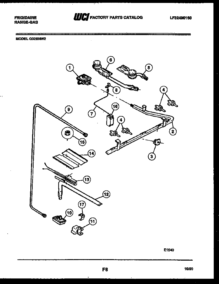 BURNER, MANIFOLD AND GAS CONTROL Diagram and Parts List for G32BNL2  Frigidaire Range