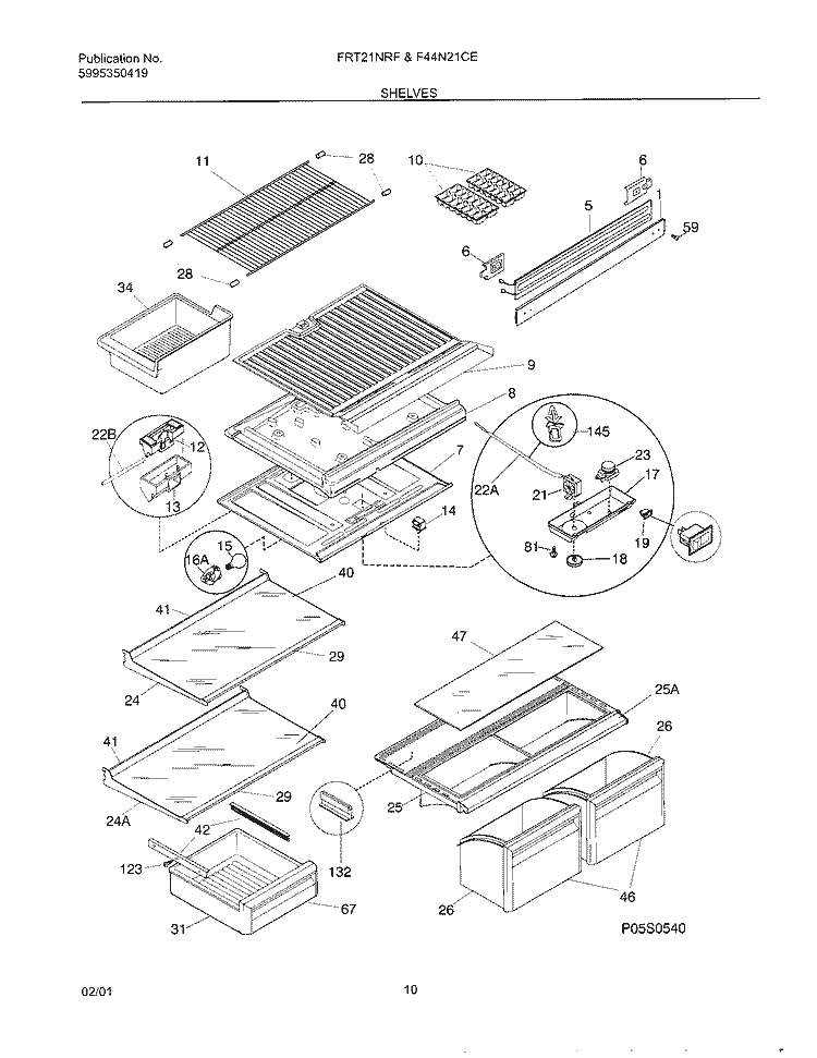 SHELVES Diagram and Parts List for F44N21CED2  Frigidaire Refrigerator