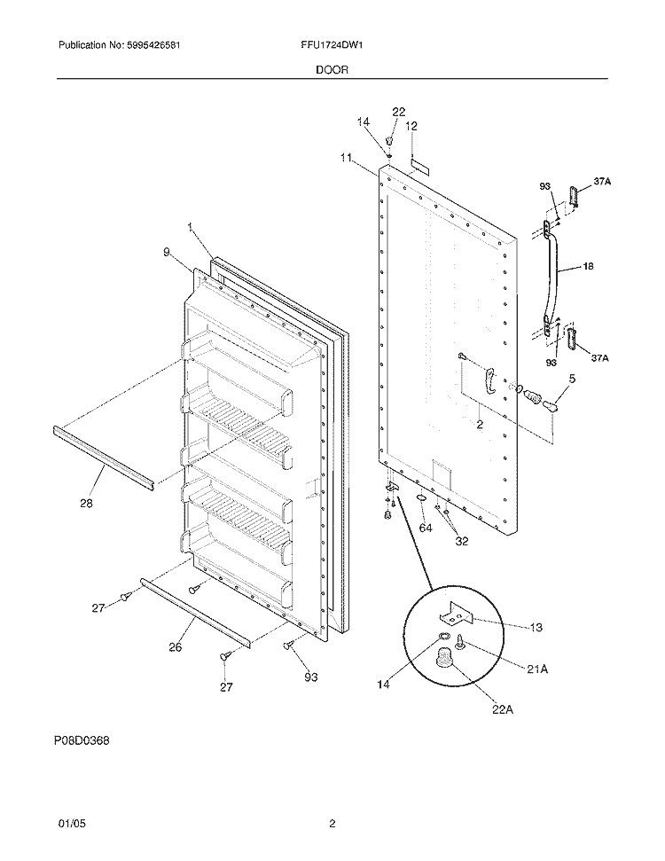 DOOR Diagram and Parts List for FFU1724DW1  Frigidaire Freezer