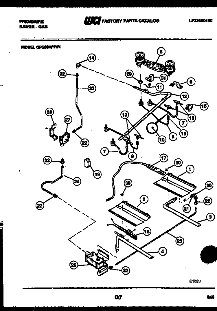 BURNER, MANIFOLD AND GAS CONTROL Diagram and Parts List for GPG39WNW1  Frigidaire Range
