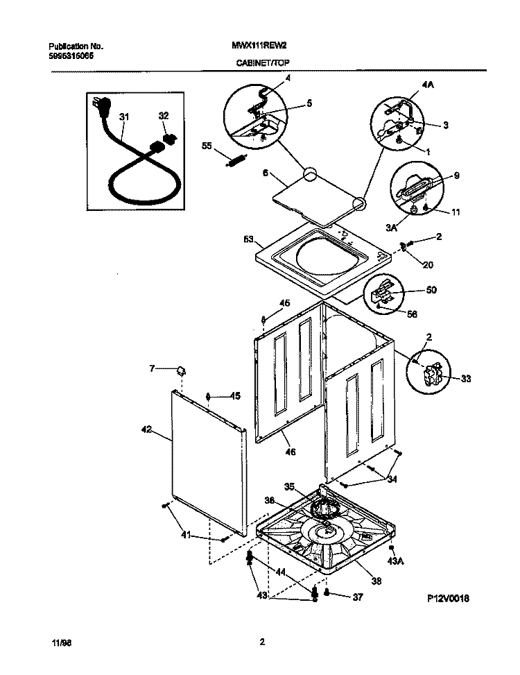 P12V0018 WSHR CAB, TOP Diagram and Parts List for MWX111REW2  Frigidaire Washer