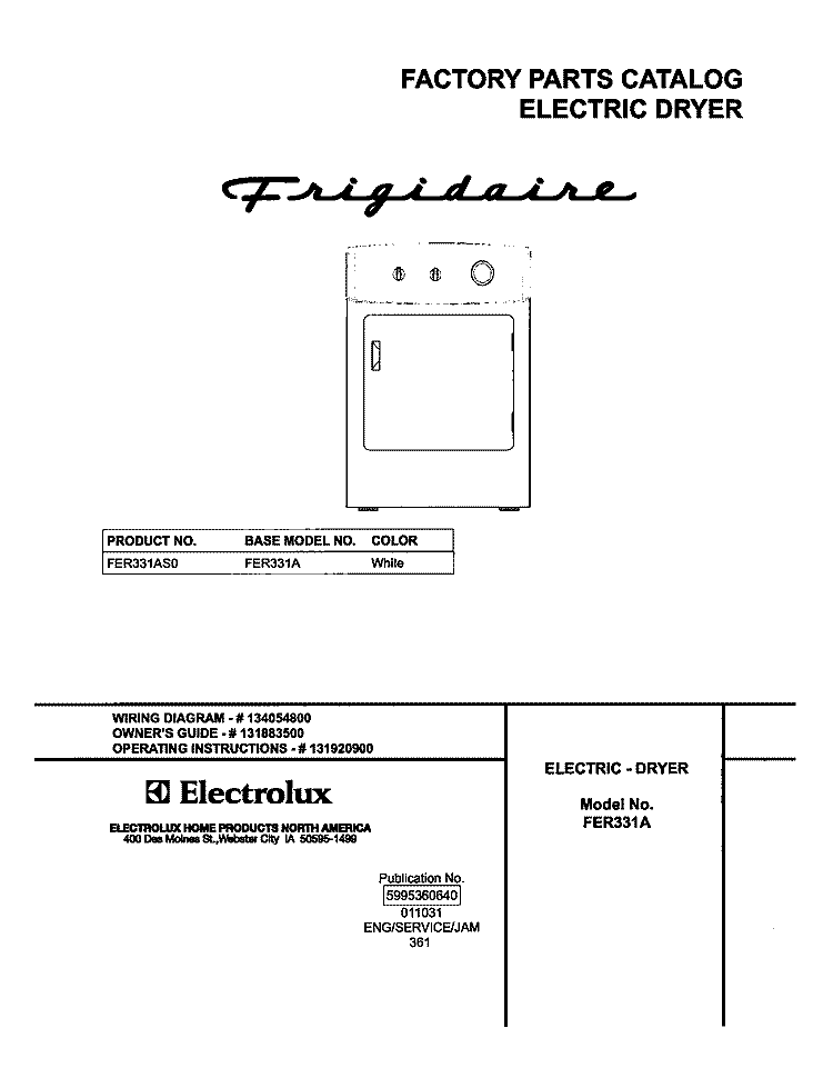 COVER Diagram and Parts List for FER331AS0  Frigidaire Dryer