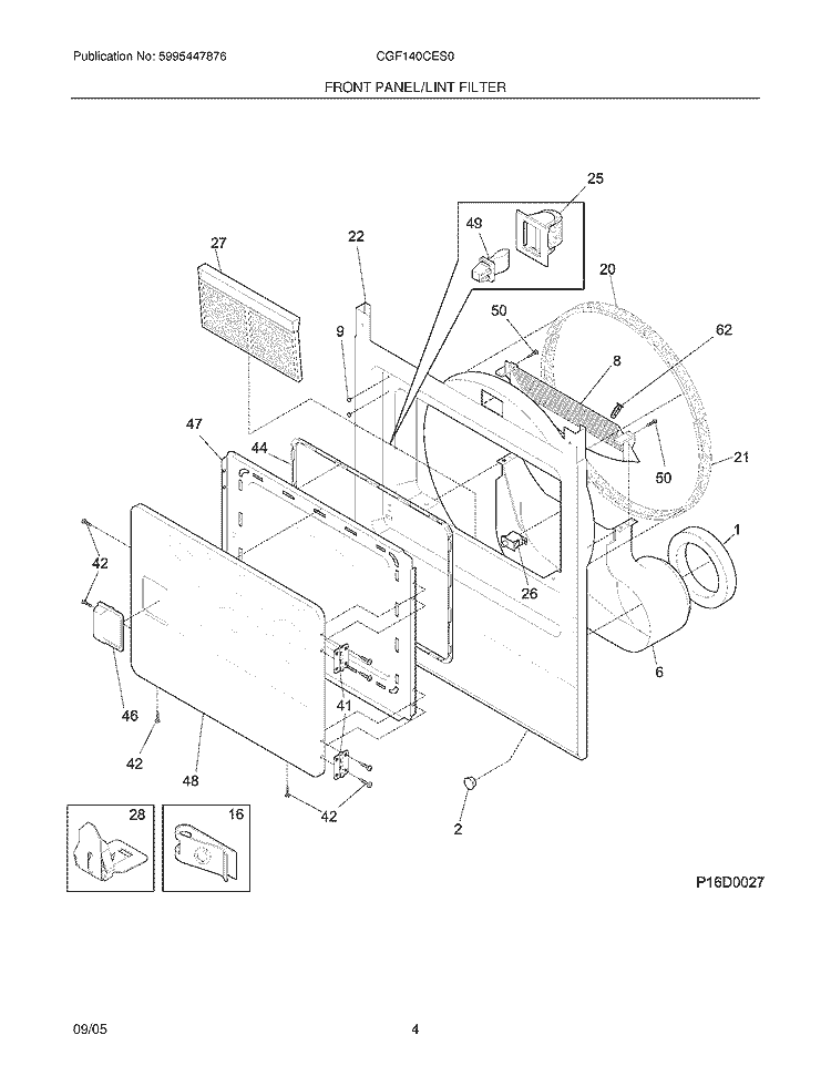 FRONT PANEL / LINT FILTER Diagram and Parts List for CGF140CES0  Frigidaire Dryer