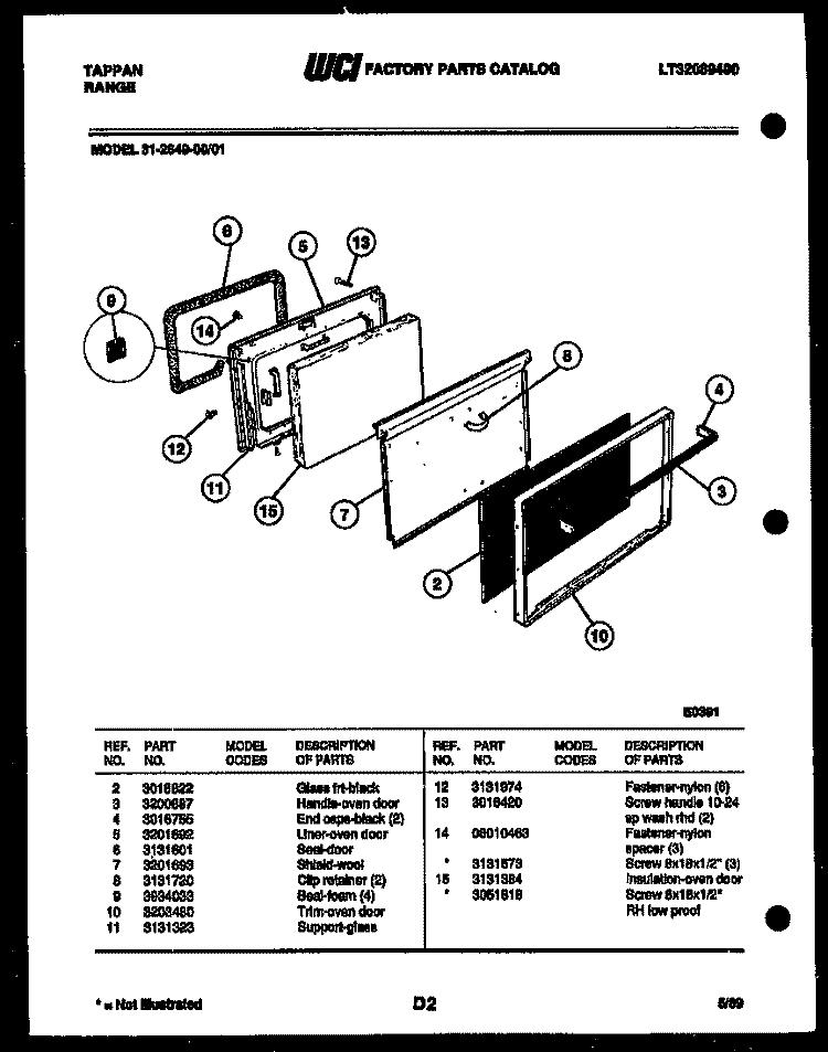 DOOR PARTS Diagram and Parts List for 31-2649-00-01  Tappan Range