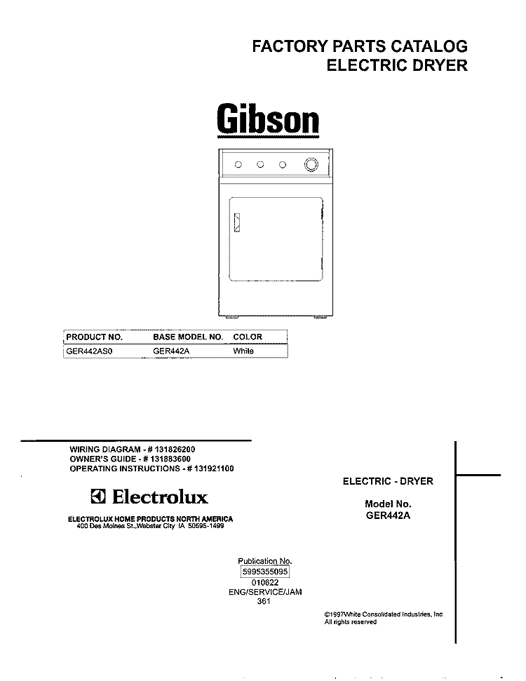 COVER Diagram and Parts List for GER442AS0  Gibson Dryer