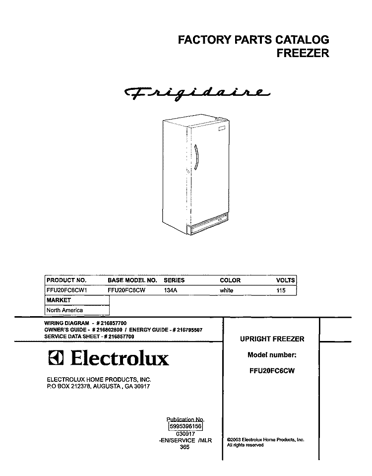 COVER Diagram and Parts List for FFU20FC6CW1  Frigidaire Freezer
