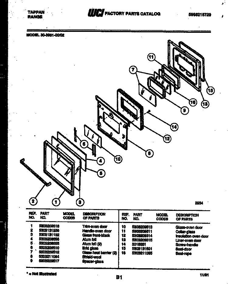 DOOR PARTS Diagram and Parts List for 30-3981-23-02  Tappan Range