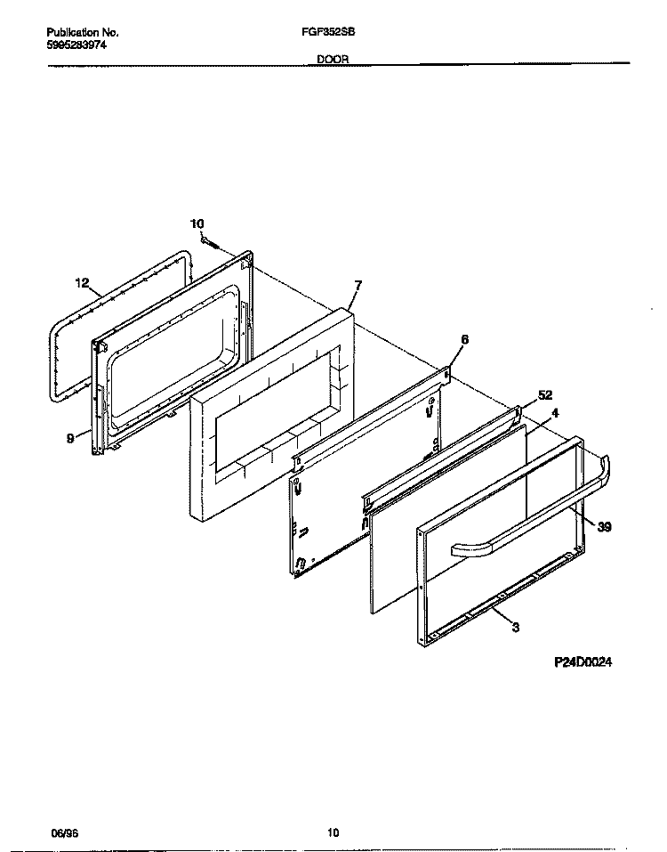 DOOR Diagram and Parts List for FGF352SBDE  Frigidaire Range