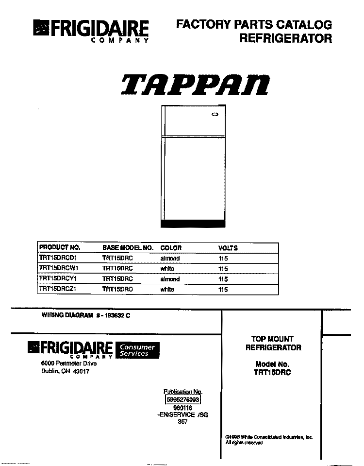 COVER Diagram and Parts List for TRT15DRCZ1  Tappan Refrigerator