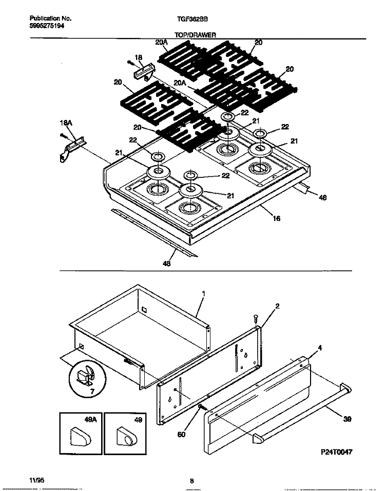 TOP / DRAWER Diagram and Parts List for TGF362BBBB  Tappan Range