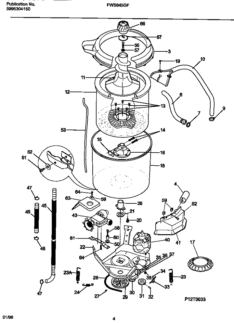MOTOR / TUB Diagram and Parts List for FWS845GFT0  Frigidaire Washer