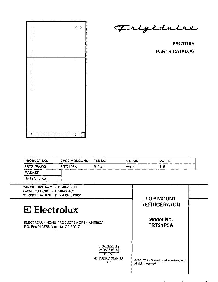 COVER Diagram and Parts List for FRT21P5AW0  Frigidaire Refrigerator