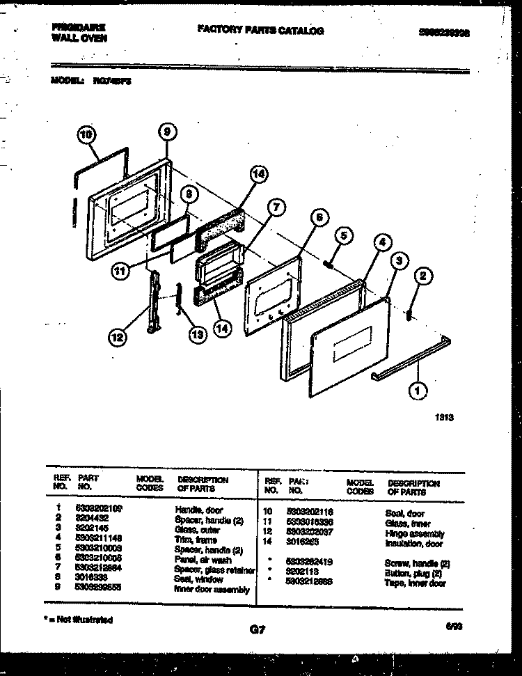 DOOR PARTS Diagram and Parts List for RG74BF3  Frigidaire Wall Oven