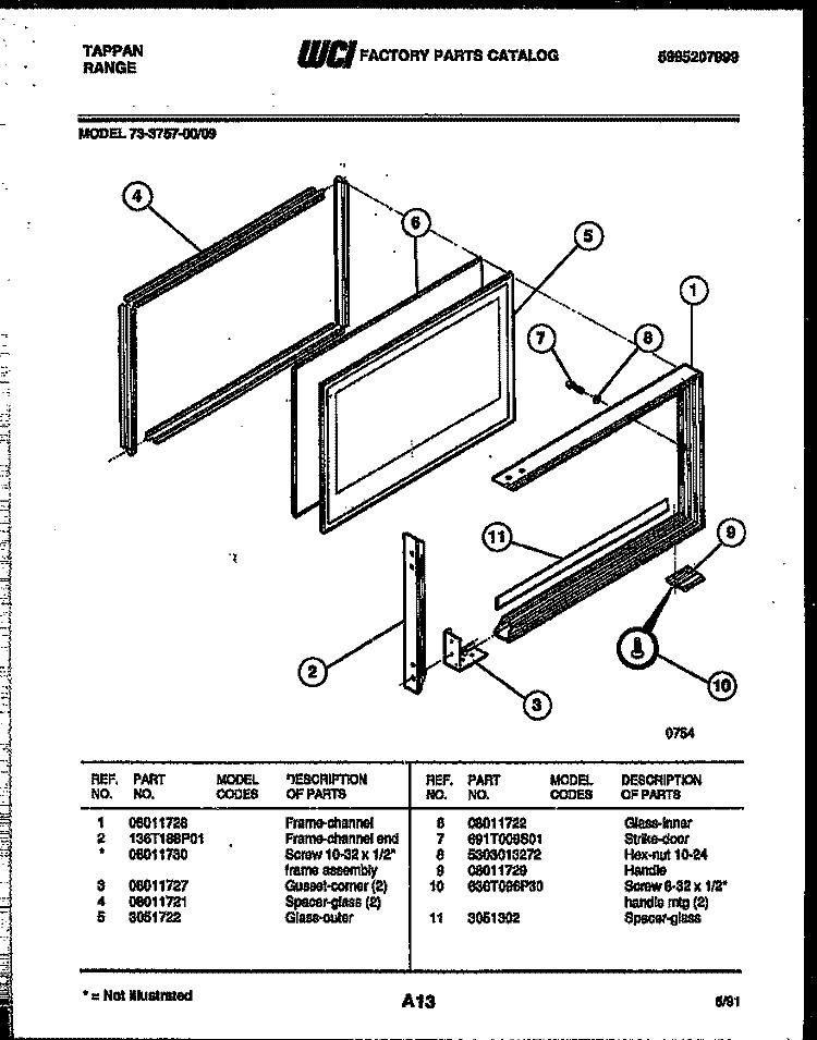 UPPER OVEN DOOR PARTS Diagram and Parts List for 73-3757-00-09  Tappan Range