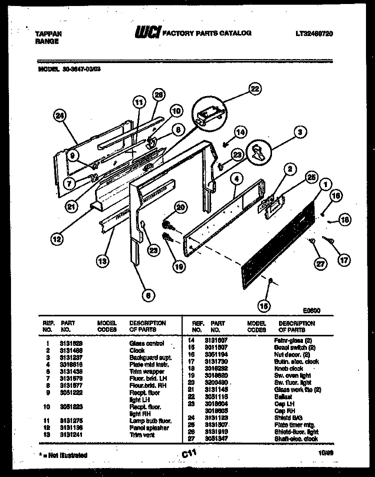 BACKGUARD Diagram and Parts List for 30-3647-66-03  Tappan Range