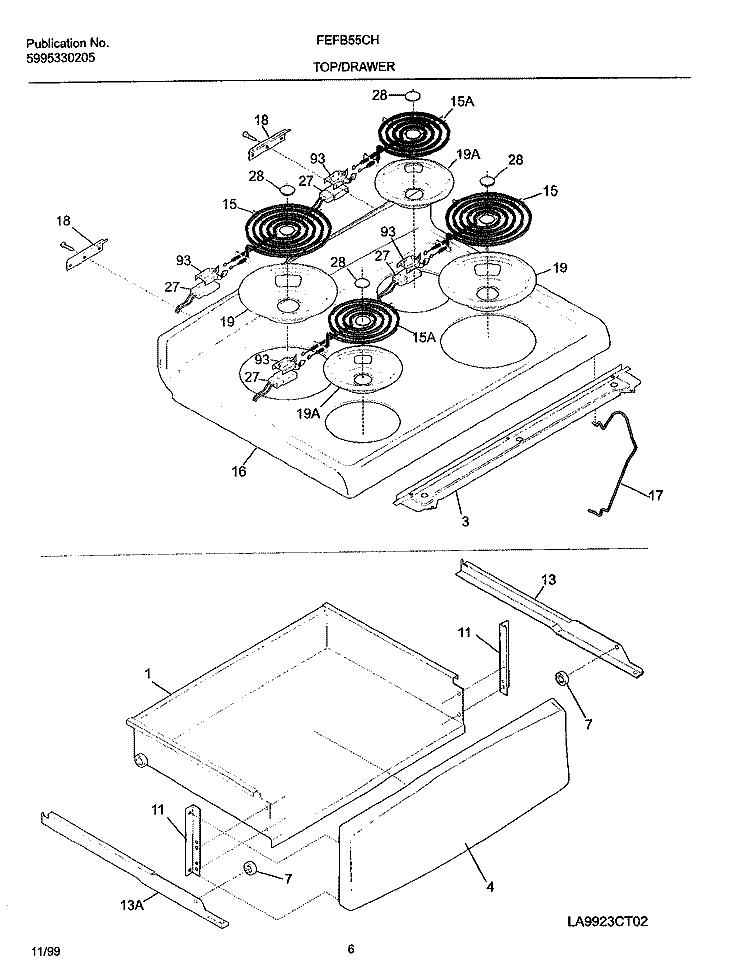 TOP / DRAWER Diagram and Parts List for FEFB55CHSE  Frigidaire Range