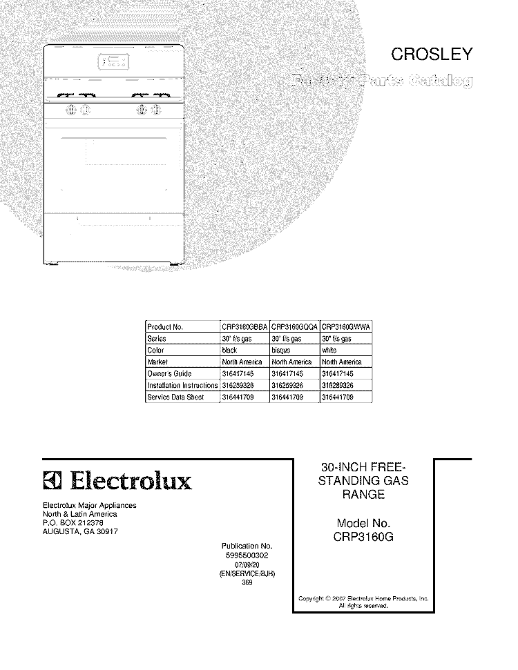 COVER Diagram and Parts List for CRP3160GWWA  Crosley Range