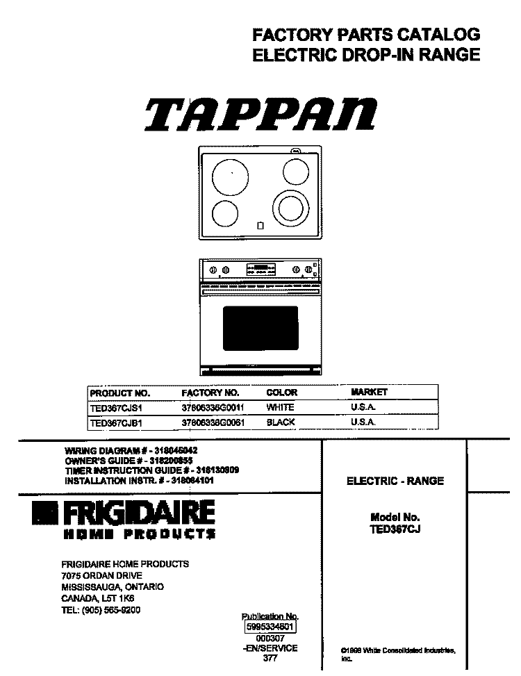 COVER Diagram and Parts List for TED367CJS1  Tappan Wall Oven