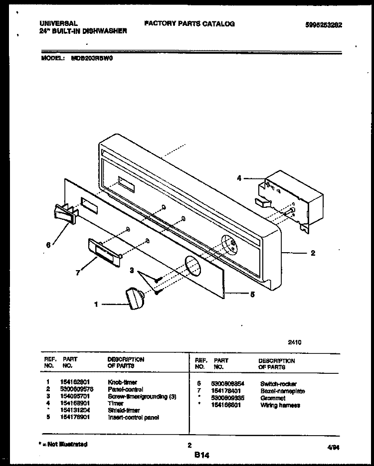 CONSOLE AND CONTROL PARTS Diagram and Parts List for MDB200RBW0  Frigidaire Dishwasher