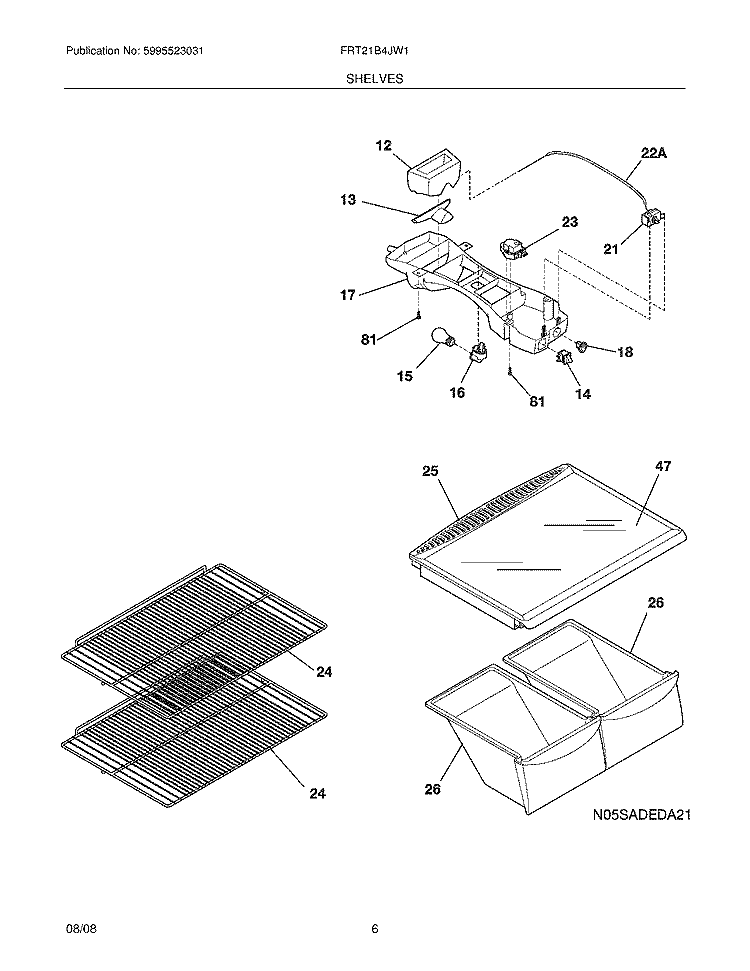 SHELVES Diagram and Parts List for FRT21B4JW1  Frigidaire Refrigerator
