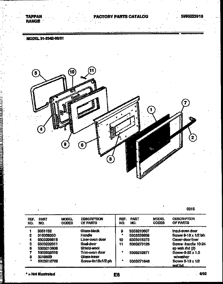 DOOR PARTS Diagram and Parts List for 31-3342-23-01  Tappan Range