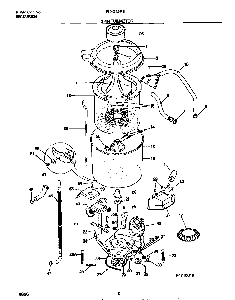 SPIN TUB / MOTOR Diagram and Parts List for FLXG52RBT2  Frigidaire Washer Dryer Combo