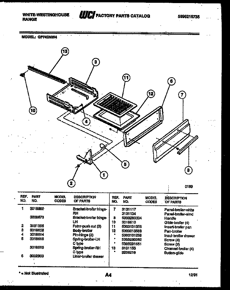 BROILER DRAWER PARTS Diagram and Parts List for GF740ND4  Frigidaire Range