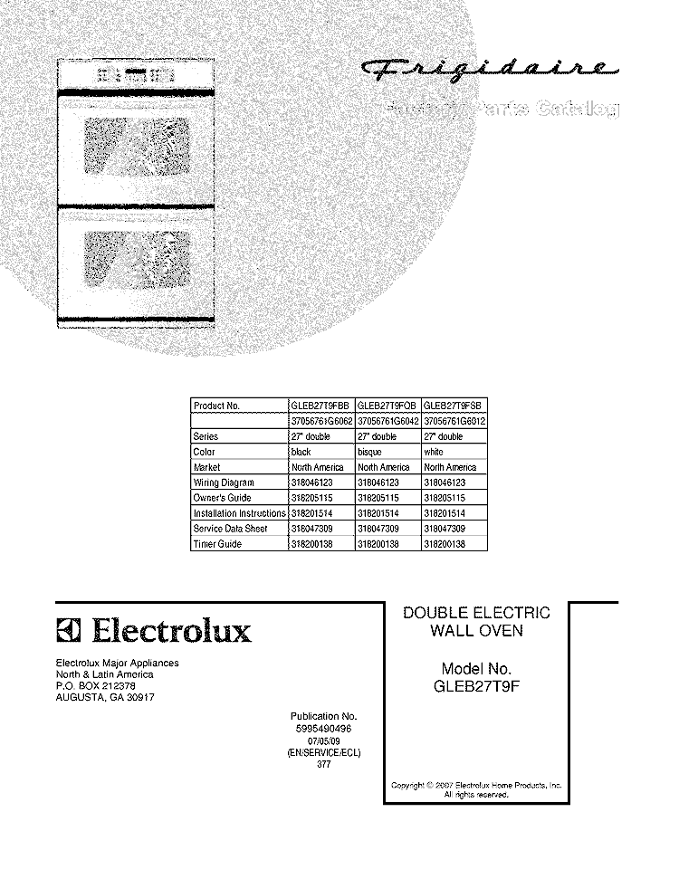 COVER Diagram and Parts List for GLEB27T9FSB  Frigidaire Wall Oven