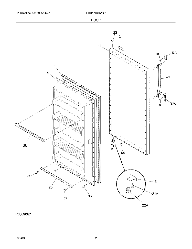 DOOR Diagram and Parts List for FRU17B2JW17  Frigidaire Refrigerator