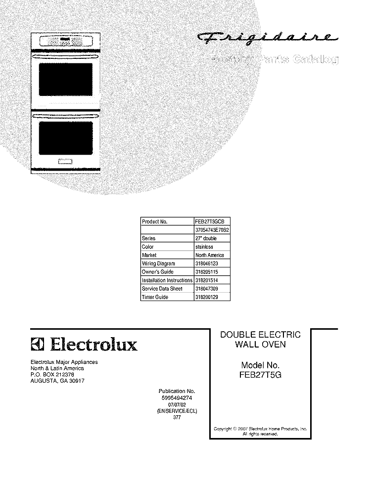 COVER Diagram and Parts List for FEB27T5GCB  Frigidaire Wall Oven