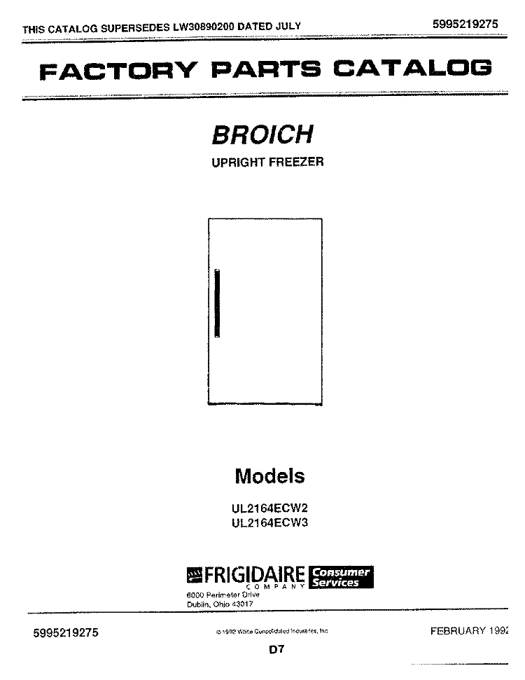 COVER Diagram and Parts List for UL2164ECW2  Frigidaire Freezer