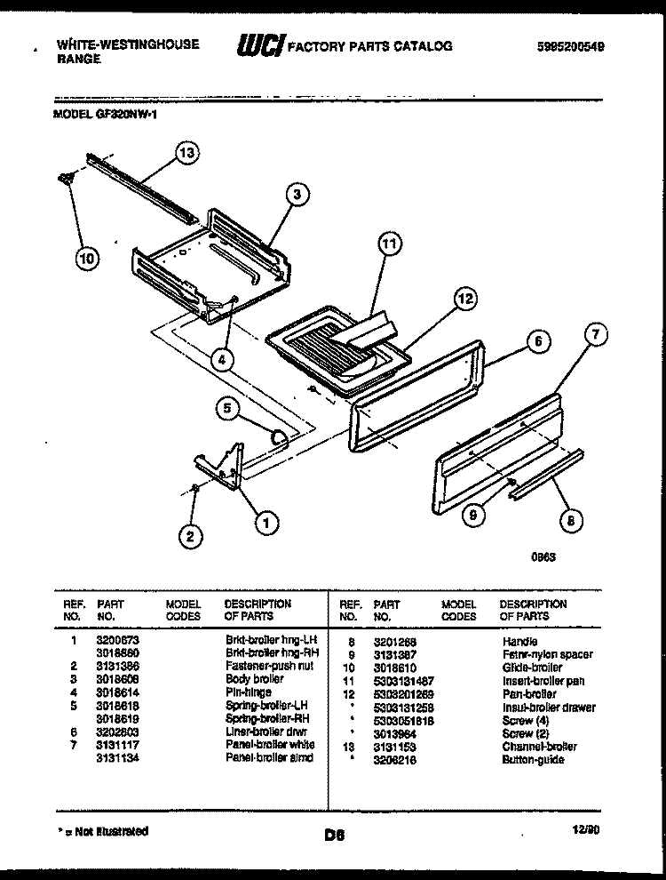 BROILER DRAWER PARTS Diagram and Parts List for GF320NW1  Frigidaire Range