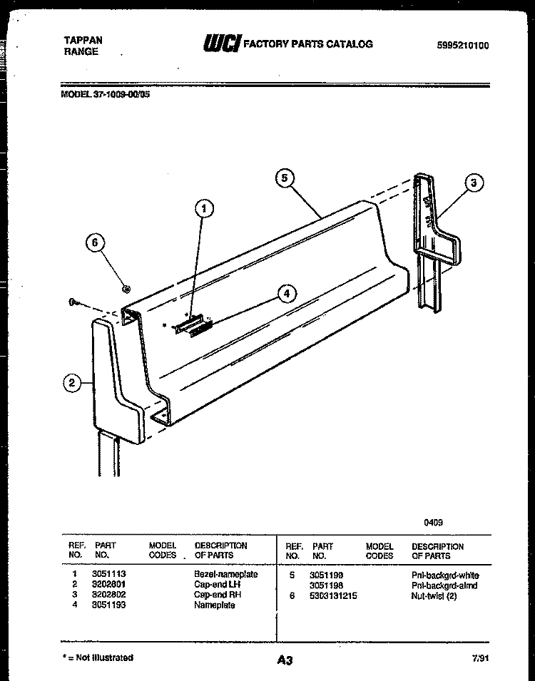 BACKGUARD Diagram and Parts List for 37-1009-00-05  Tappan Range