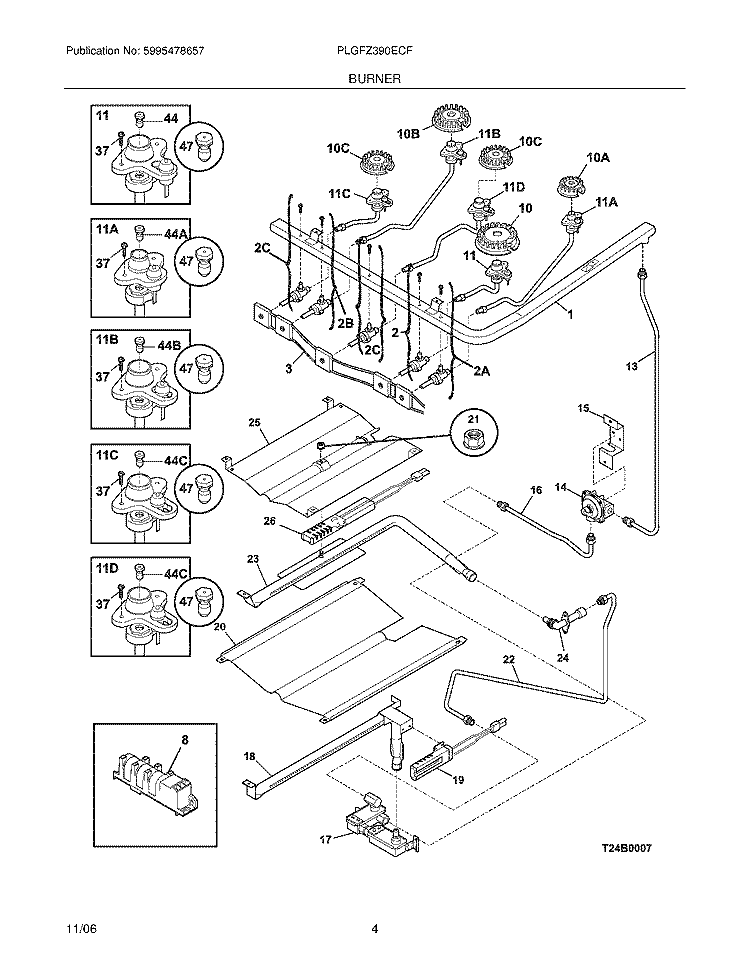 BURNER Diagram and Parts List for PLGFZ390ECF  Frigidaire Range