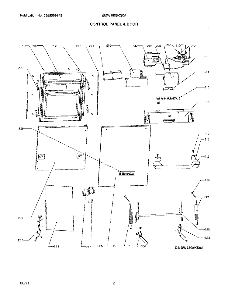 CONTROL PANEL & DOOR Diagram and Parts List for EIDW1805KS0A  Electrolux Dishwasher