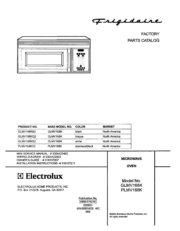 COVER Diagram and Parts List for GLMV168KS2  Frigidaire Microwave