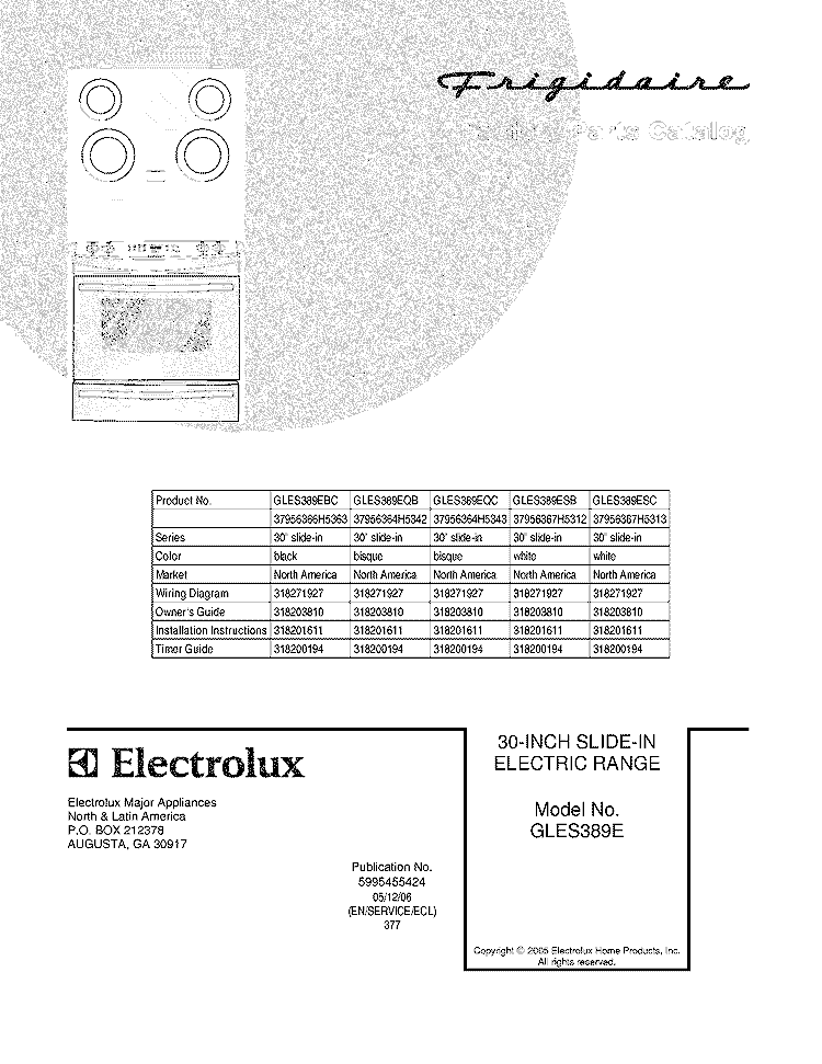 COVER Diagram and Parts List for GLES389EQC  Frigidaire Range