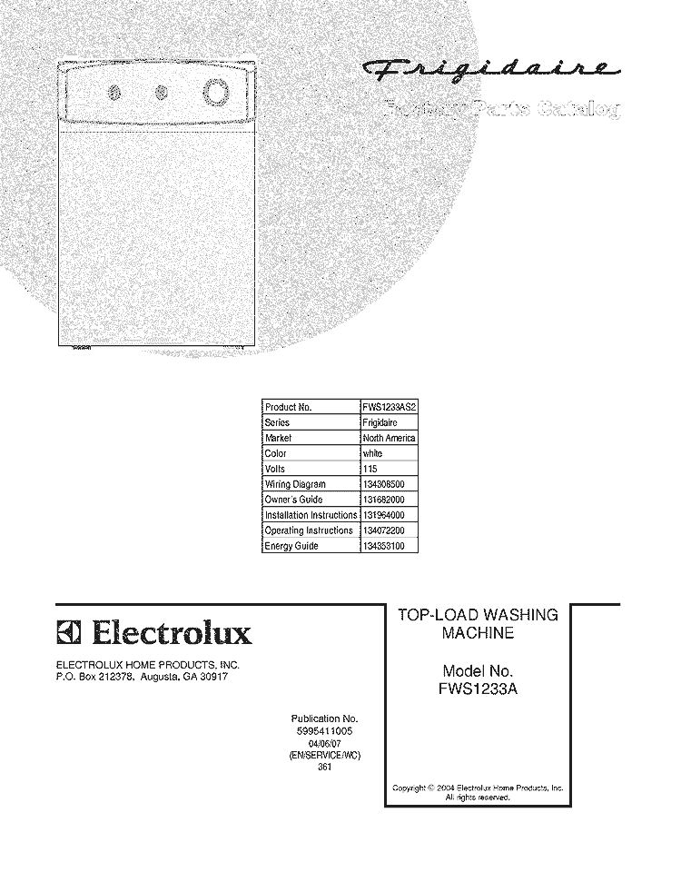 COVER Diagram and Parts List for FWS1233AS2  Frigidaire Washer