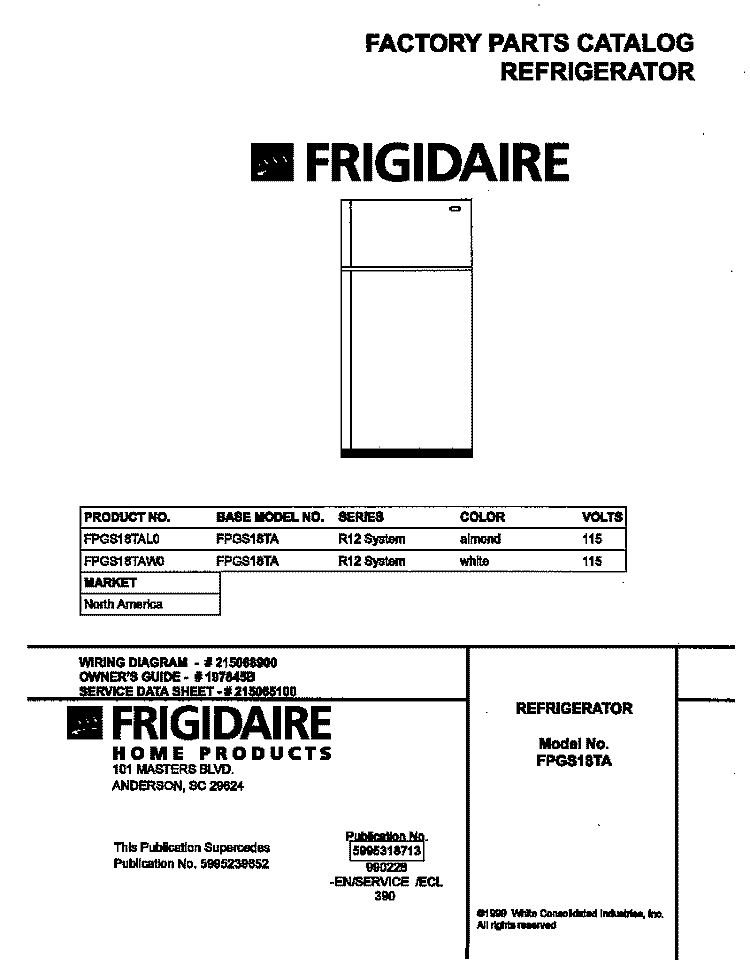 COVER Diagram and Parts List for FPGS18TAL0  Frigidaire Refrigerator