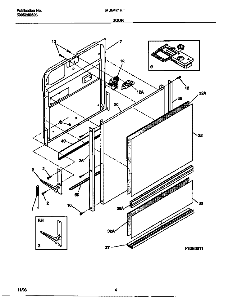 DOOR Diagram and Parts List for MDB421RFS1  Frigidaire Dishwasher