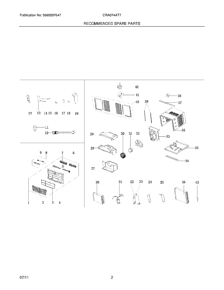 RECOMMENDED SPARE PARTS Diagram and Parts List for CRA074AT713  Frigidaire Air Conditioner